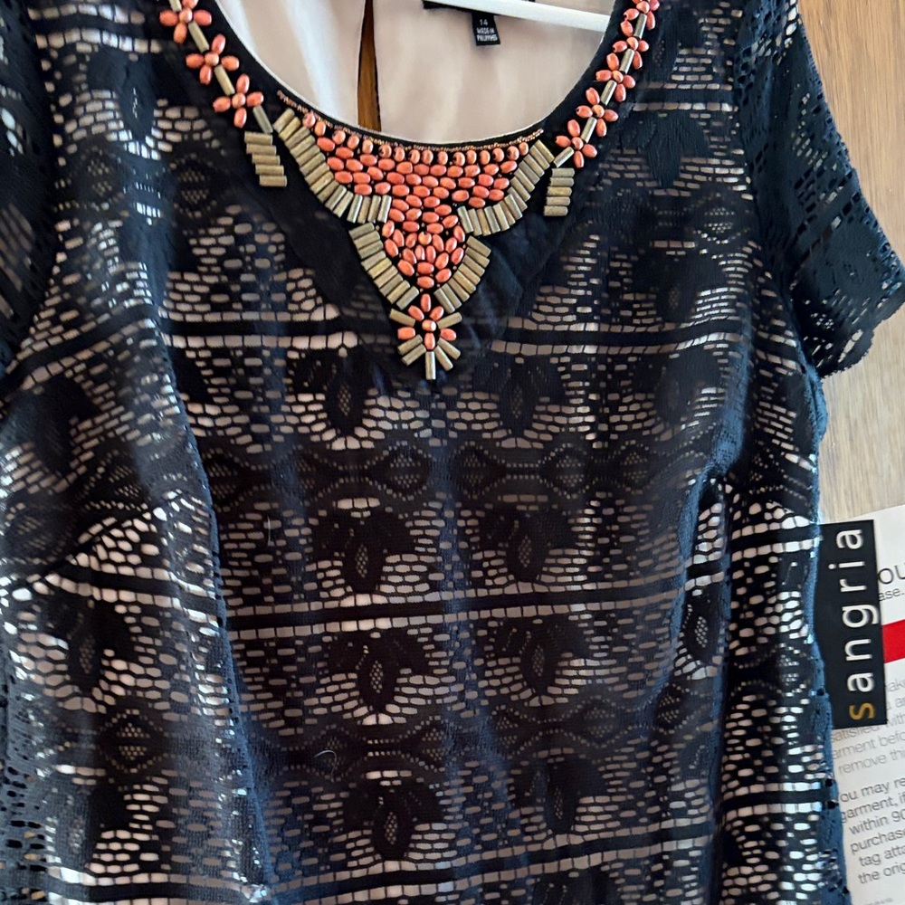 Signature by Sangria Black Lace Dress with Coral and Wooden Bead Tone Details
